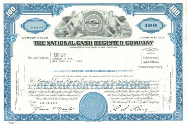National Cash Register Co. - 1970's dated Stock Certificate - American Software, Consulting and Technology Company